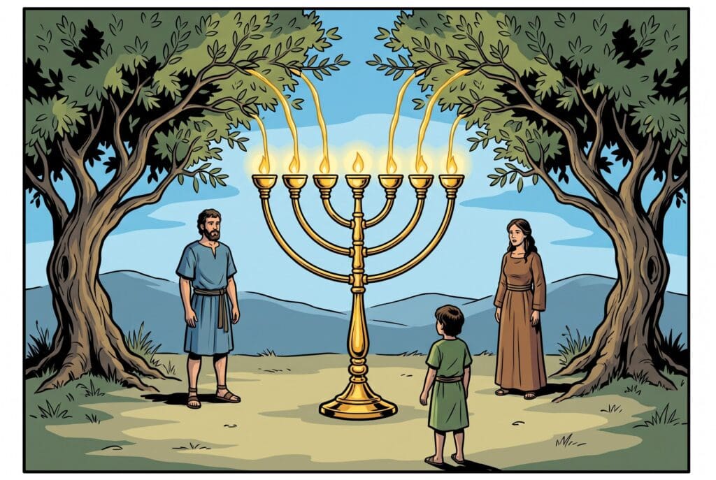 Comic book style illustration depicting a scene from Zechariah chapter 4