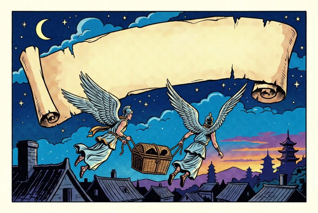 Comic book style illustration depicting a scene from Zechariah chapter 5