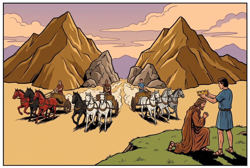 Comic book style illustration depicting a scene from Zechariah chapter 6