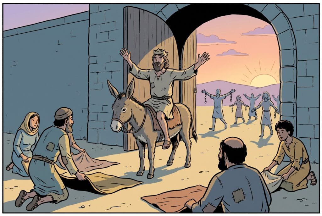 Comic book style illustration depicting a scene from Zechariah chapter 9