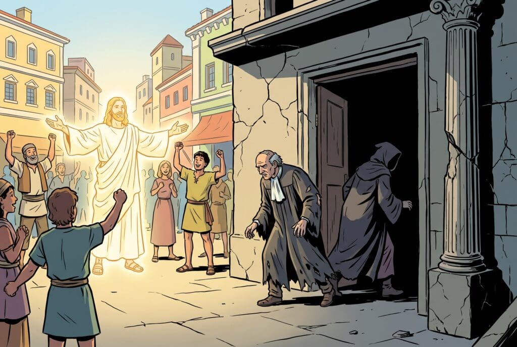 Comic book style illustration depicting a scene from Zephaniah chapter 3