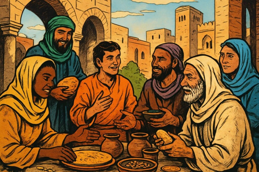 Comic book style illustration depicting a scene from Acts chapter 11