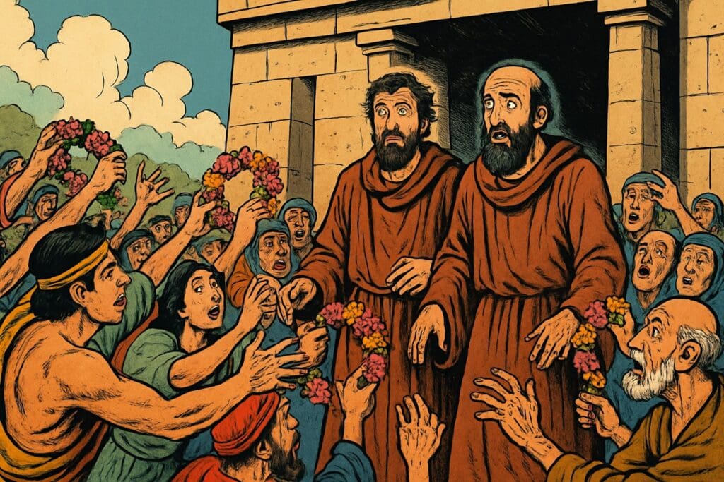 Comic book style illustration depicting a scene from Acts chapter 14