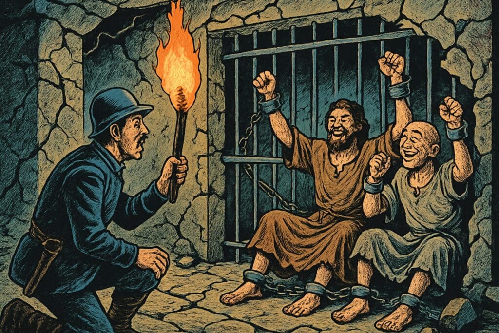 Comic book style illustration depicting a scene from Acts chapter 16