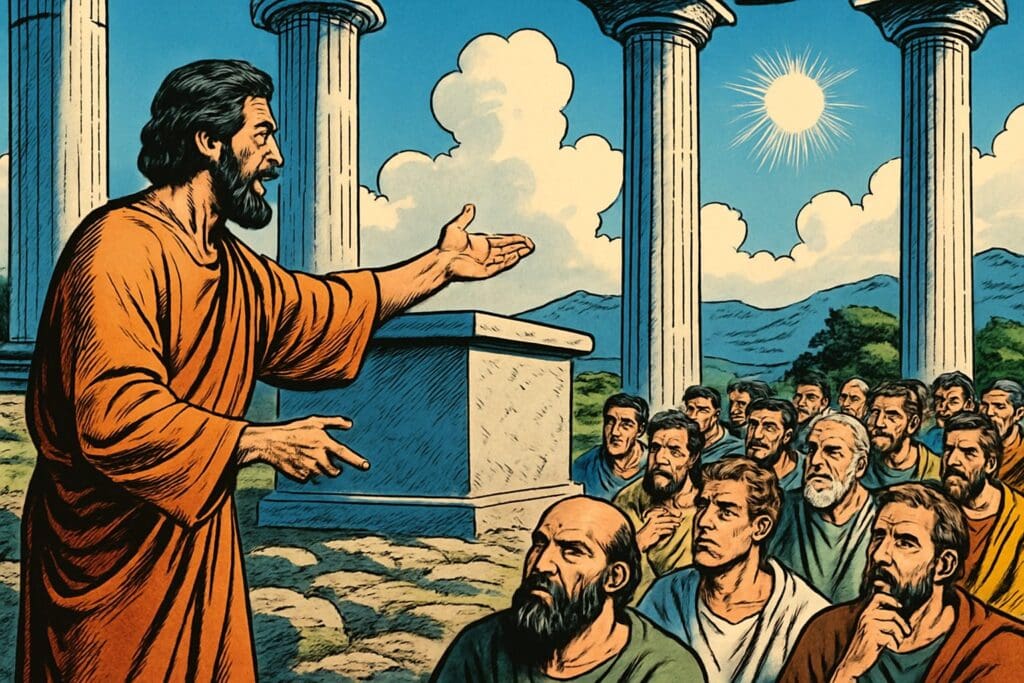 Comic book style illustration depicting a scene from Acts chapter 17
