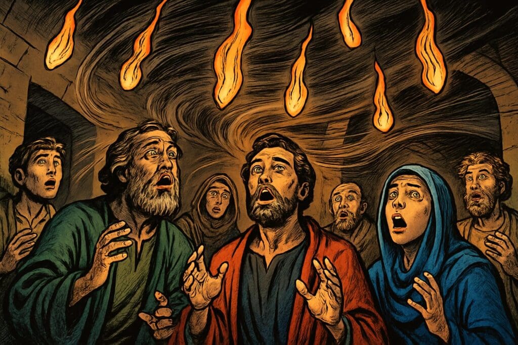 Comic book style illustration depicting a scene from Acts chapter 2