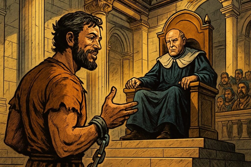 Comic book style illustration depicting a scene from Acts chapter 24
