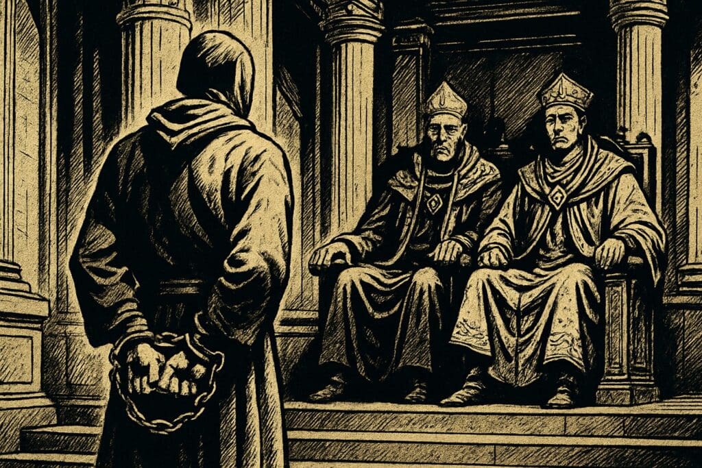 Comic book style illustration depicting a scene from Acts chapter 25