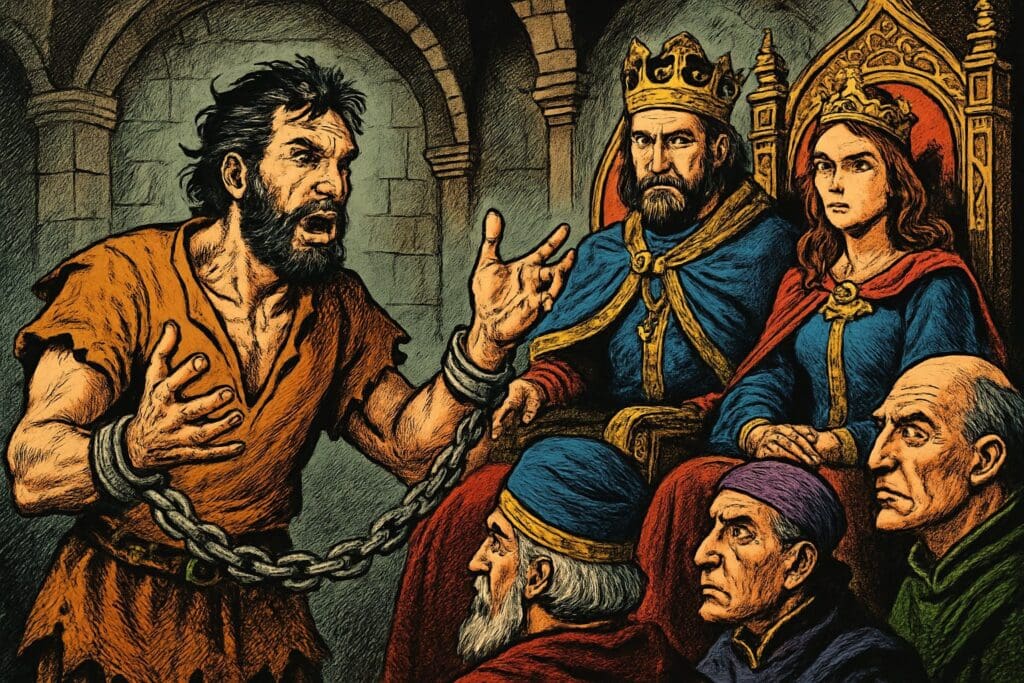 Comic book style illustration depicting a scene from Acts chapter 26