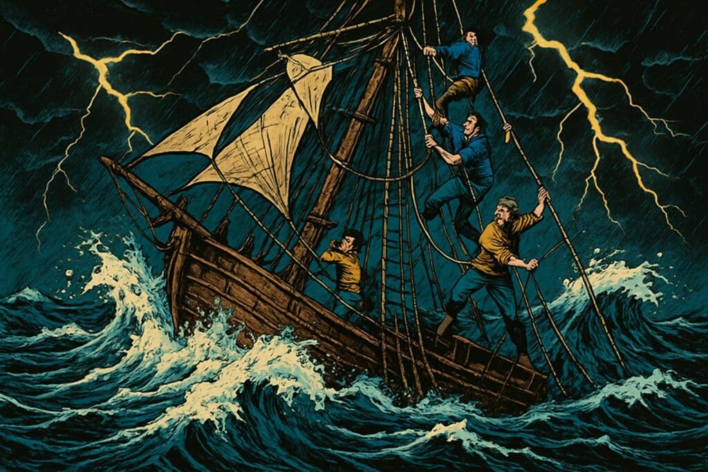 Comic book style illustration depicting a scene from Acts chapter 27