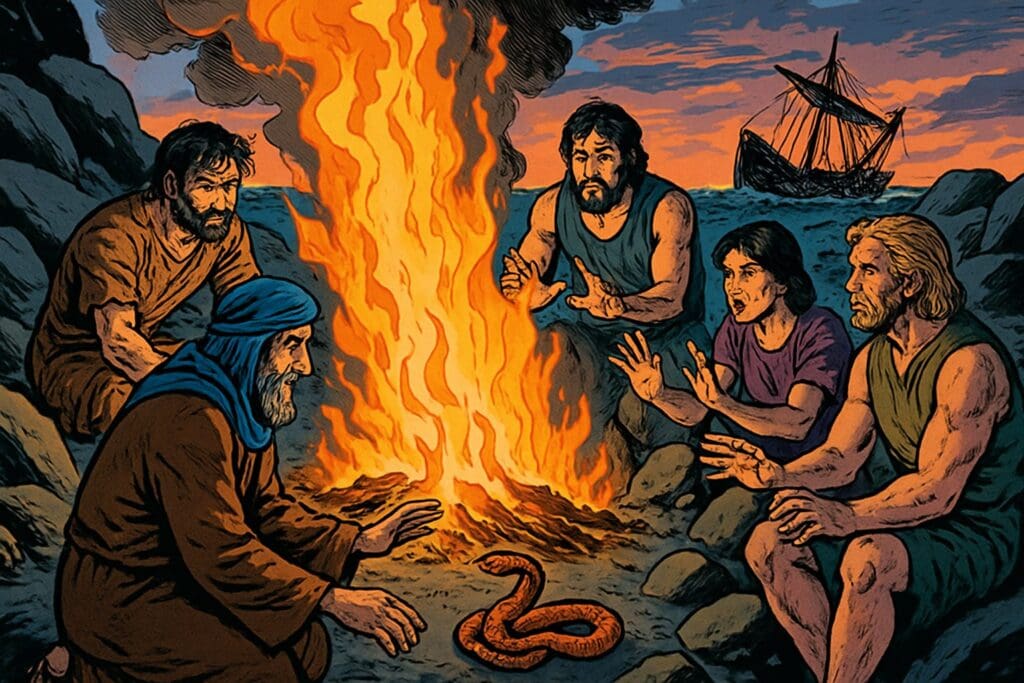 Comic book style illustration depicting a scene from Acts chapter 28