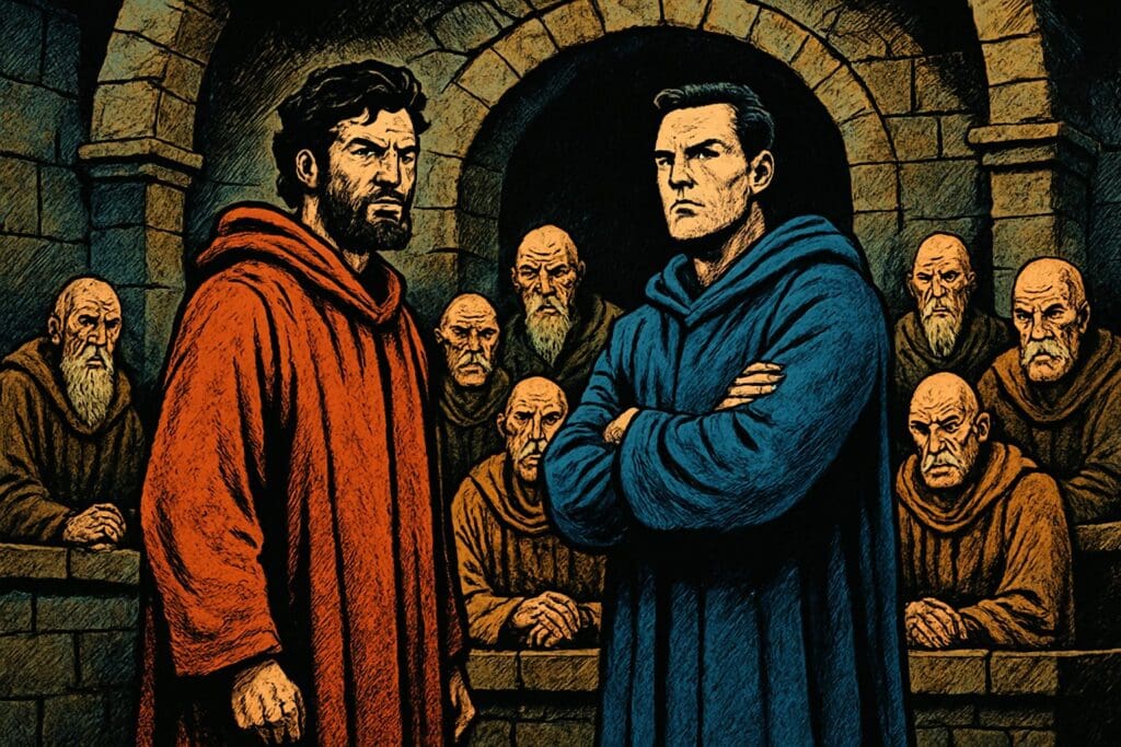 Comic book style illustration depicting a scene from Acts chapter 4