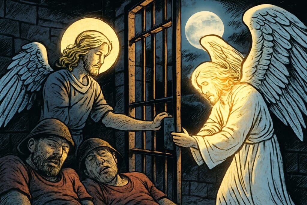 Comic book style illustration depicting a scene from Acts chapter 5