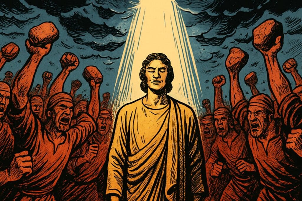Comic book style illustration depicting a scene from Acts chapter 7