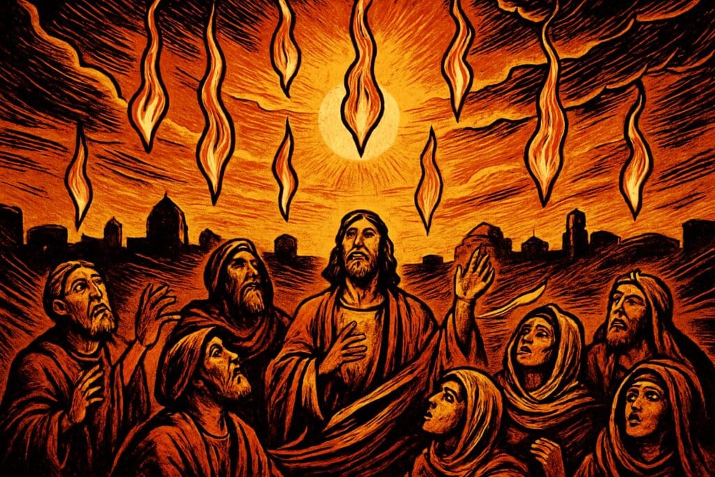 Comic book style illustration of tongues of fire descending on the disciples at Pentecost