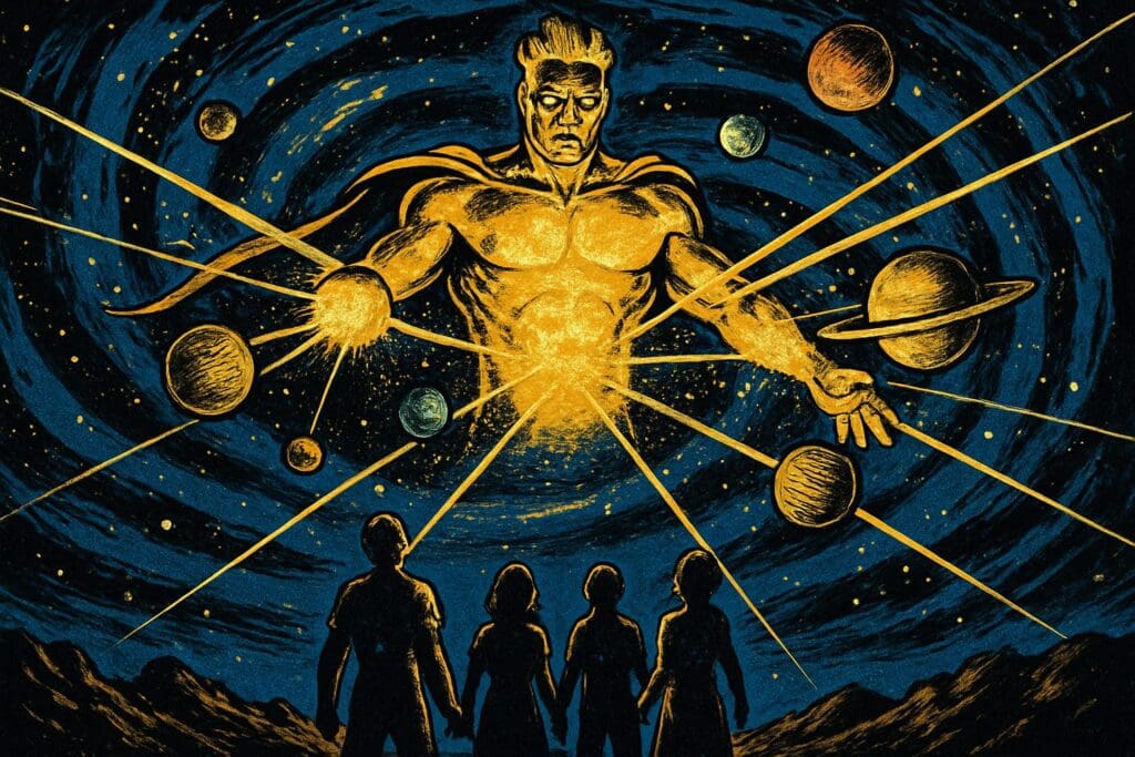 Comic book style illustration of a cosmic figure holding the stars and planets together, symbolizing Christ's supremacy over all creation