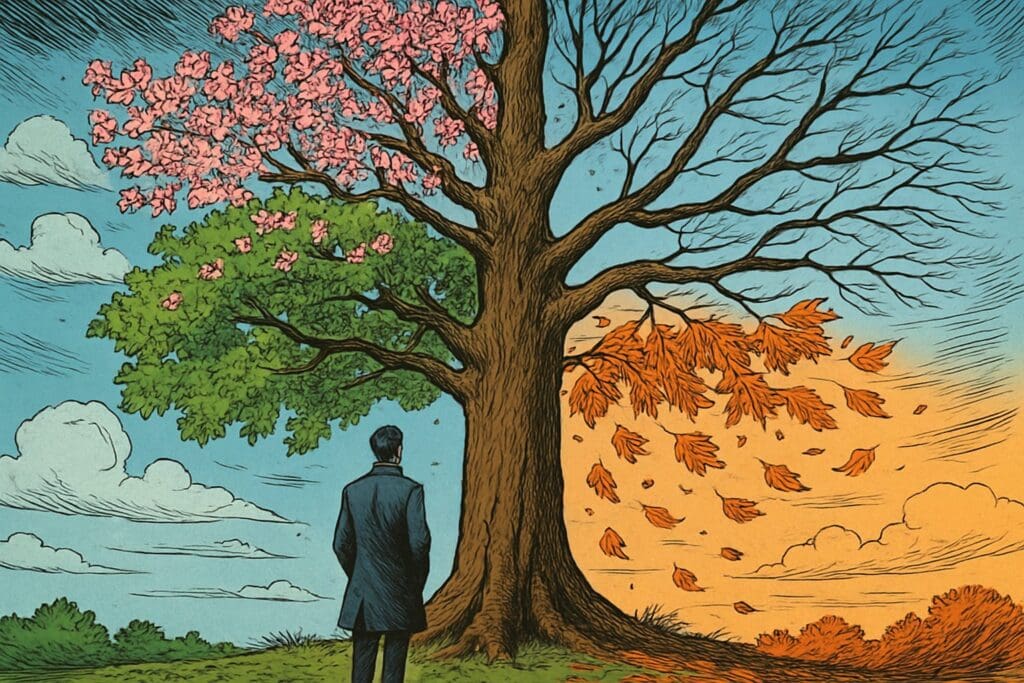 Comic book style illustration depicting a scene from Ecclesiastes 3