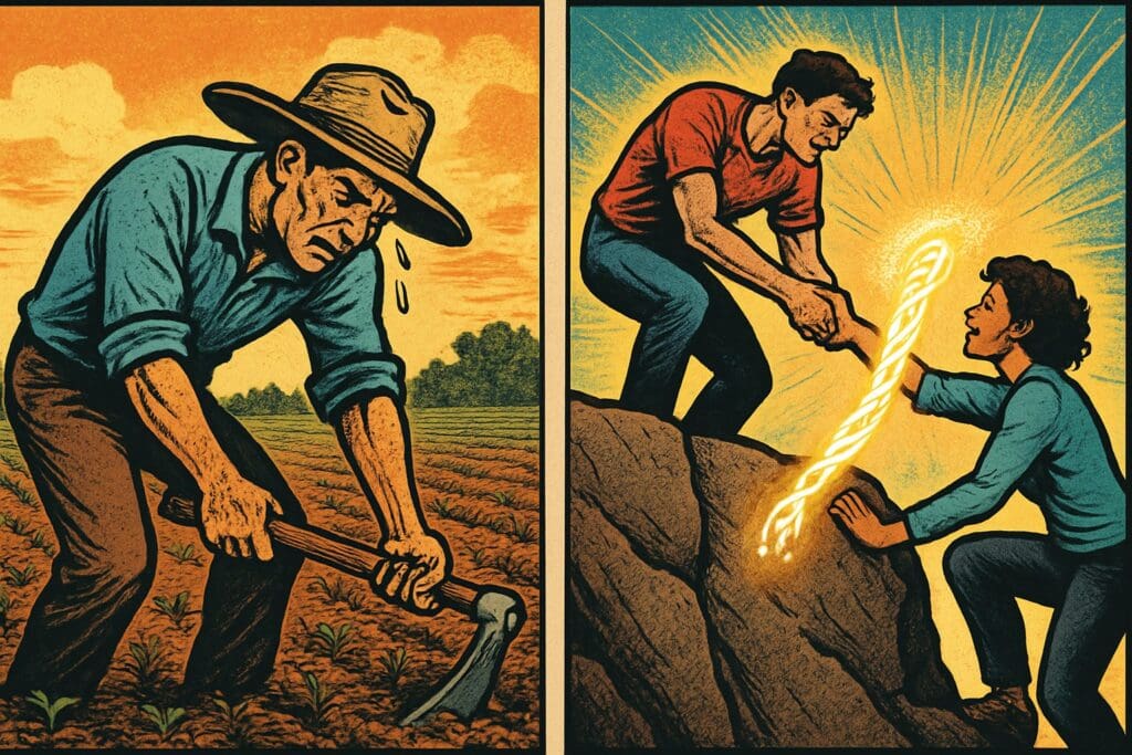 Comic book style illustration depicting a scene from Ecclesiastes 4