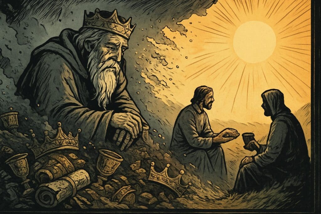 Comic book style illustration of a wise king surrounded by fading treasures, turning instead toward simple shared bread and sunlight, representing the book of Ecclesiastes
