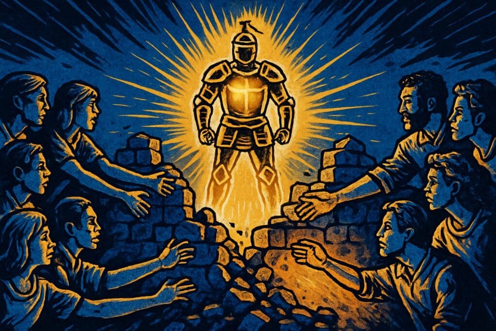 Comic book style illustration of a warrior in armor of light standing before a crumbling wall of hostility, symbolizing unity in Christ