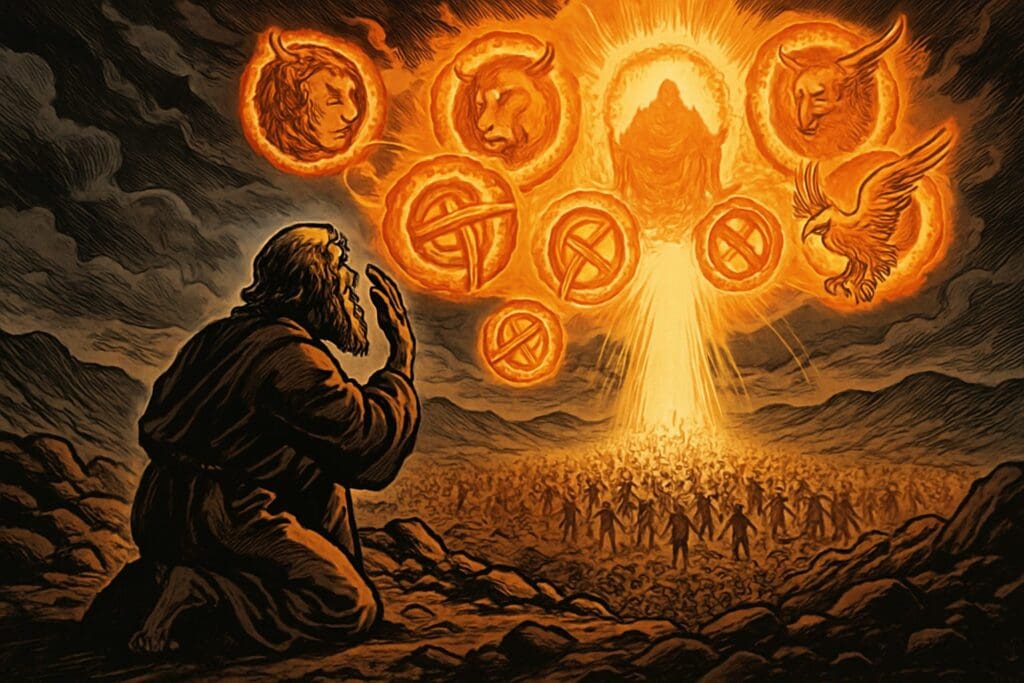 Comic book style illustration representing the book of Ezekiel