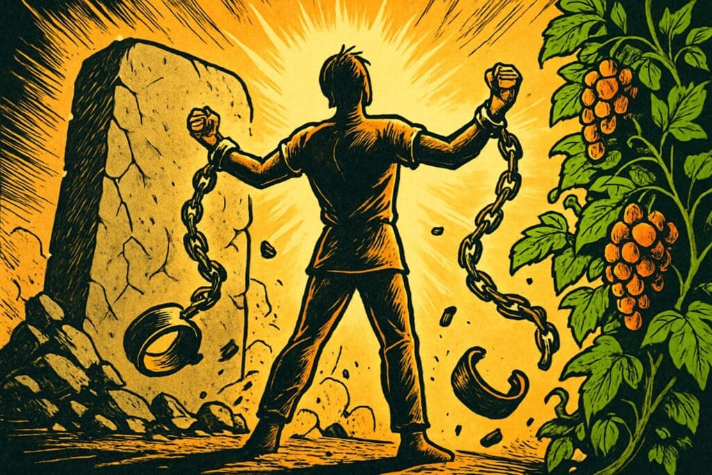 Comic book style illustration of broken shackles falling away beside a living, fruit-bearing vine, symbolizing freedom by faith