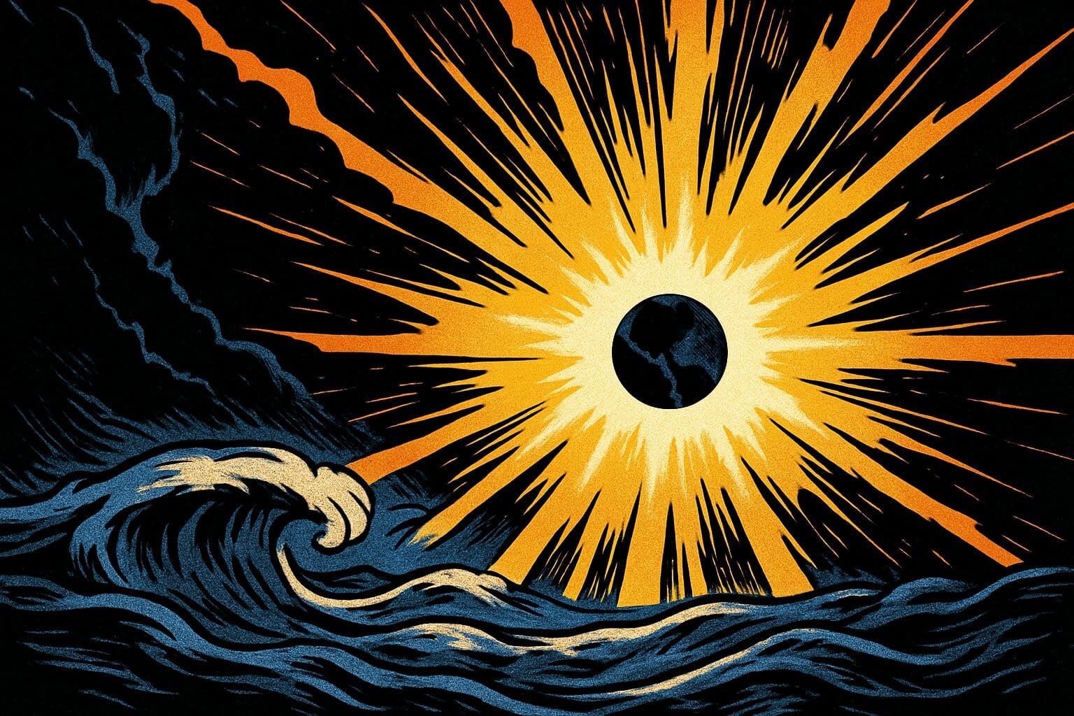 Comic book style illustration of the biblical creation of the cosmos, light separating from darkness