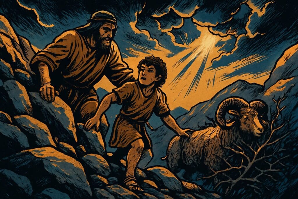 Comic book style illustration for Genesis 22