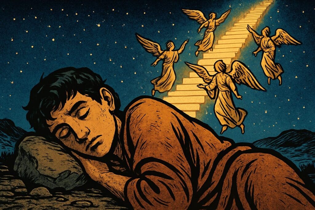 Comic book style illustration for Genesis 28