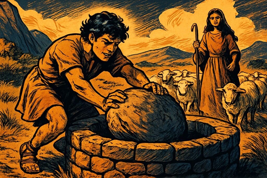 Comic book style illustration for Genesis 29