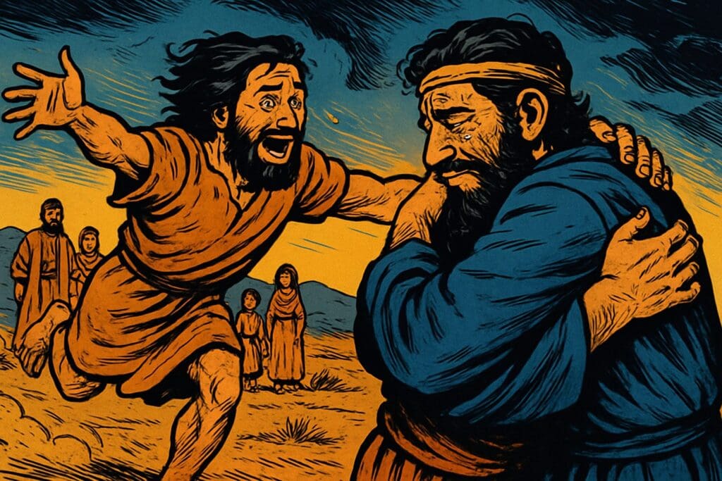 Comic book style illustration for Genesis 33