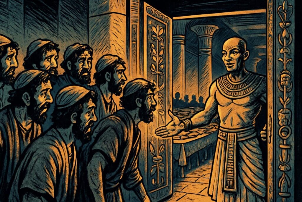 Comic book style illustration for Genesis 43