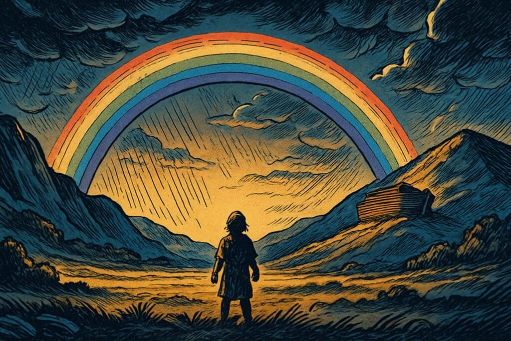 Comic book style illustration for Genesis 9