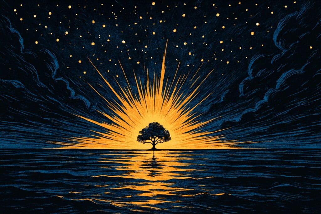 Comic book style illustration of light separating from darkness over a newly formed earth