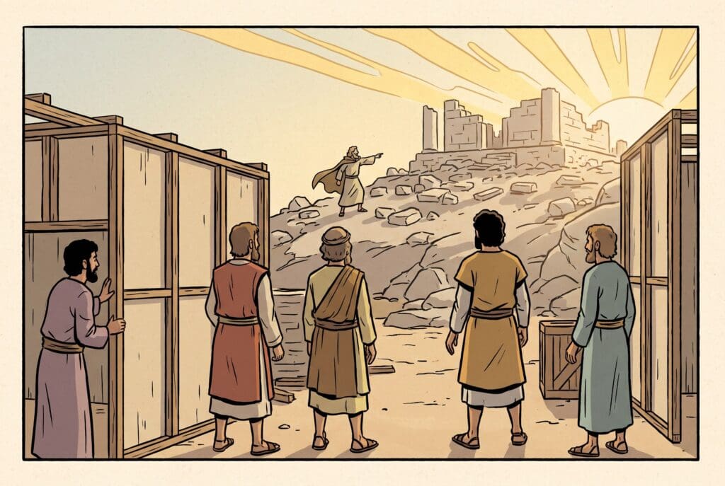 Comic book style illustration representing the book of Haggai