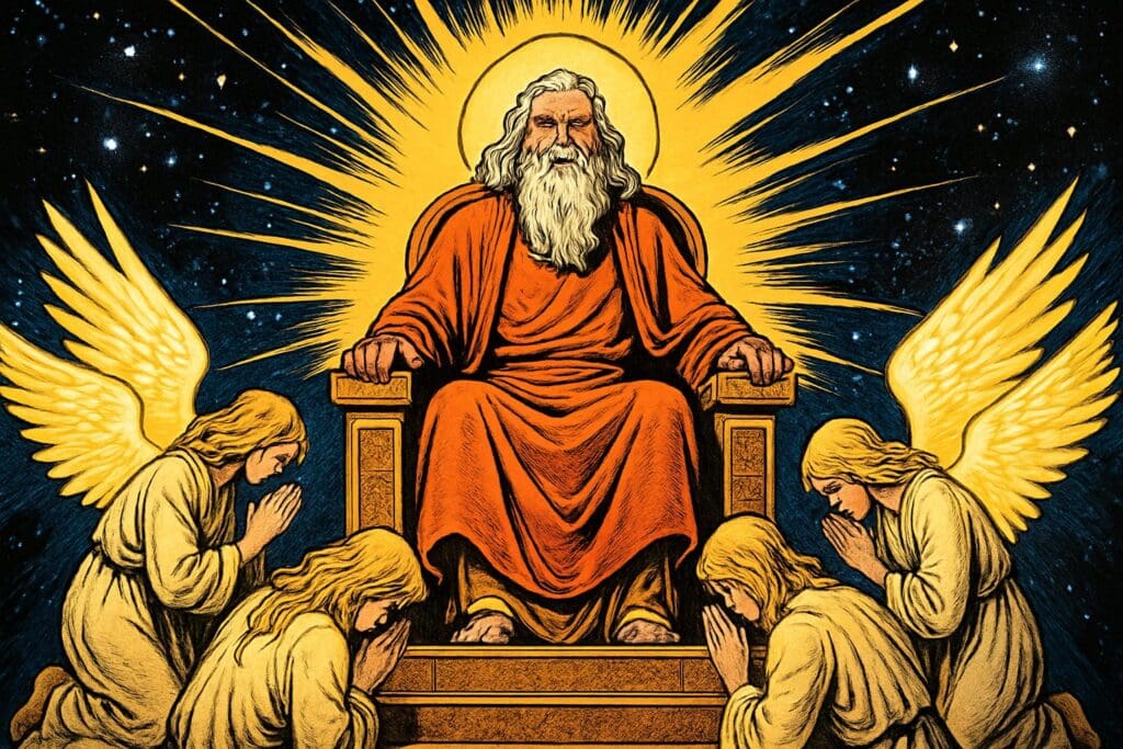 Comic book style illustration depicting a scene from Hebrews chapter 1