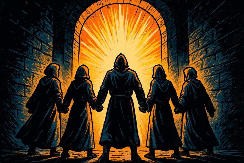 Comic book style illustration depicting a scene from Hebrews chapter 10