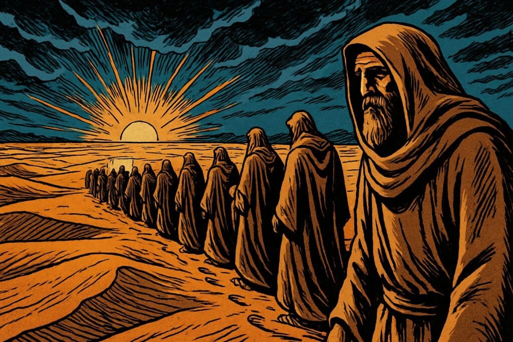 Comic book style illustration depicting a scene from Hebrews chapter 11