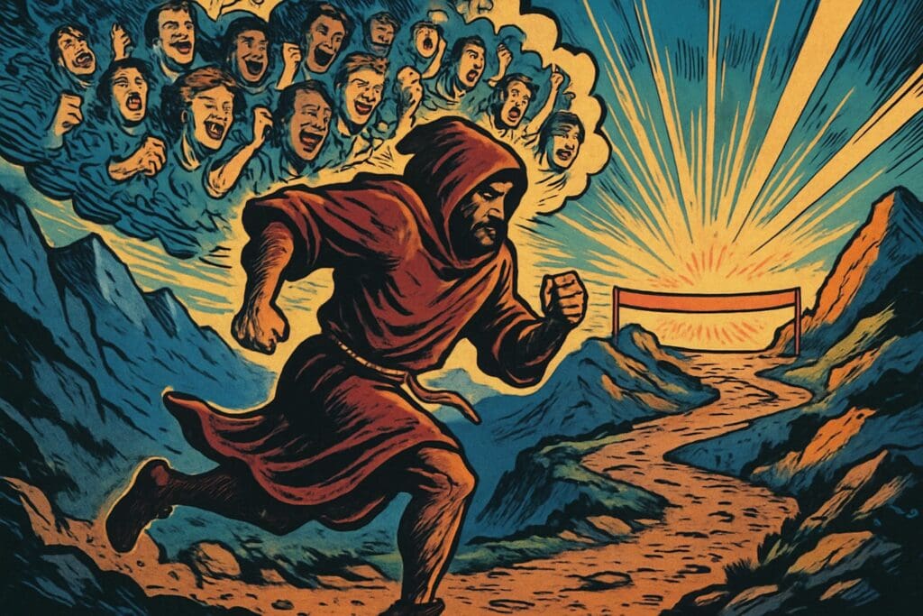 Comic book style illustration depicting a scene from Hebrews chapter 12