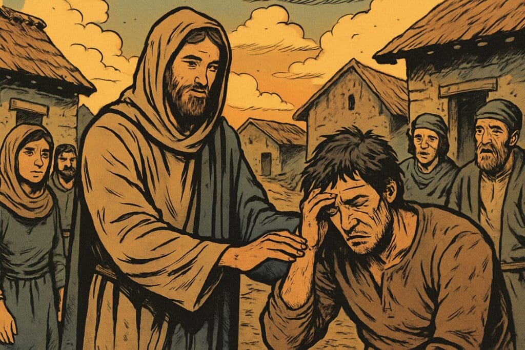 Comic book style illustration depicting a scene from Hebrews chapter 2