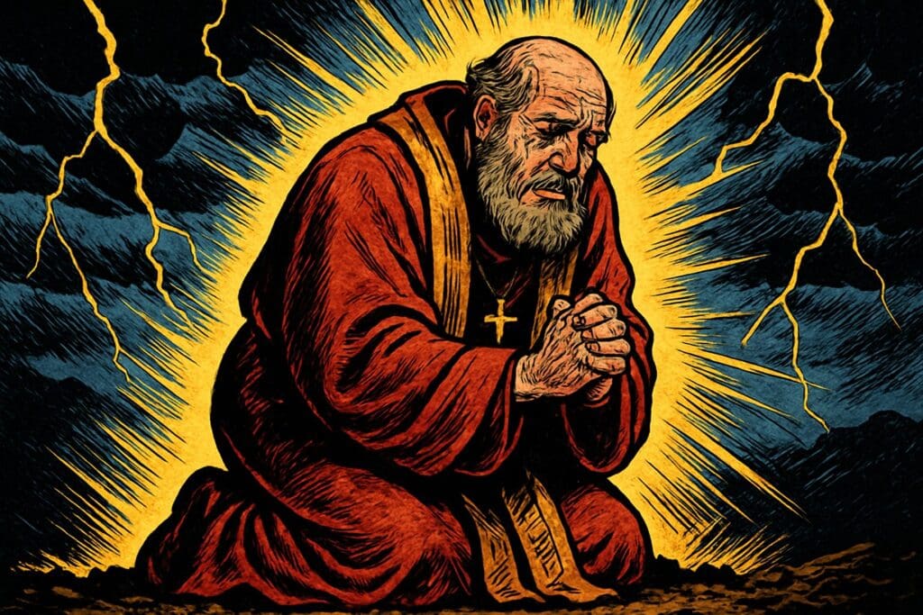 Comic book style illustration depicting a scene from Hebrews chapter 5