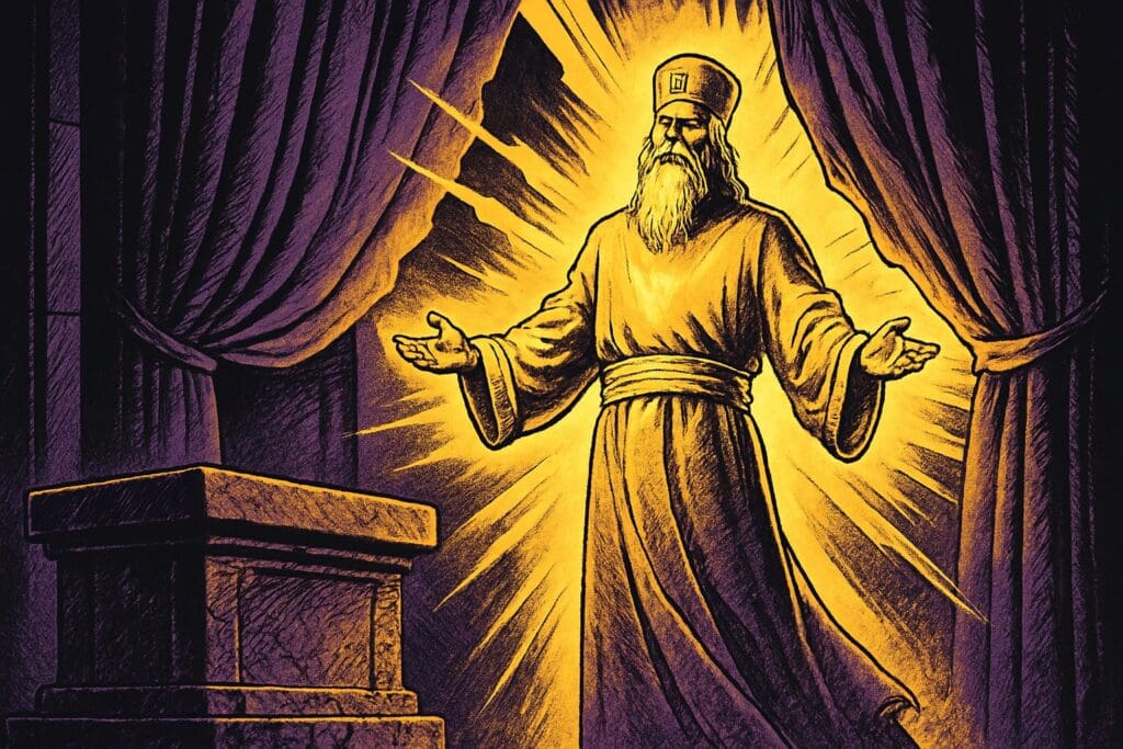 Comic book style illustration of a radiant high priest before a torn temple curtain, symbolizing Christ's final sacrifice
