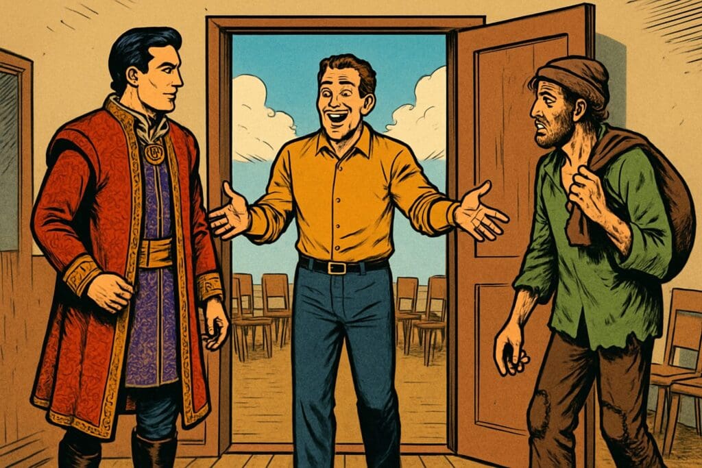 Comic book style illustration depicting a scene from James chapter 2