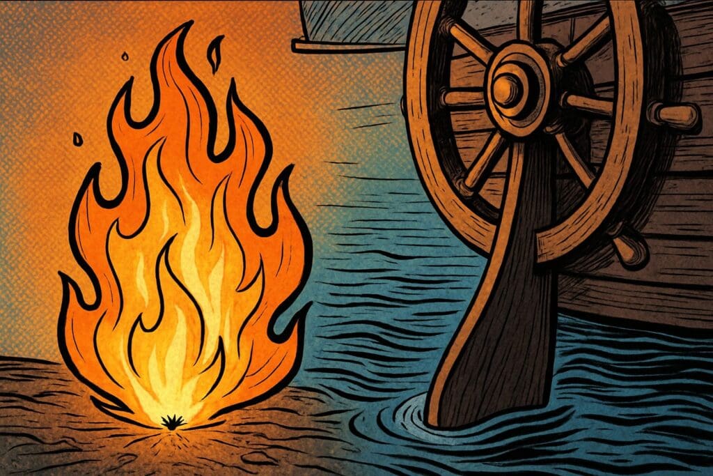 Comic book style illustration depicting a scene from James chapter 3