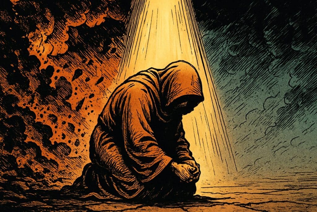Comic book style illustration depicting a scene from James chapter 4