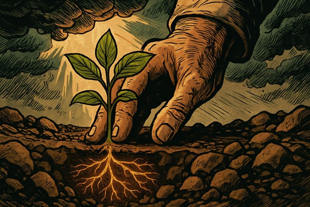 Comic book style illustration of a hand planting a sapling in rocky soil under breaking sunlight, symbolizing living, active faith