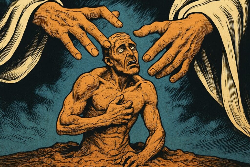 Comic book style illustration depicting a scene from Job 10
