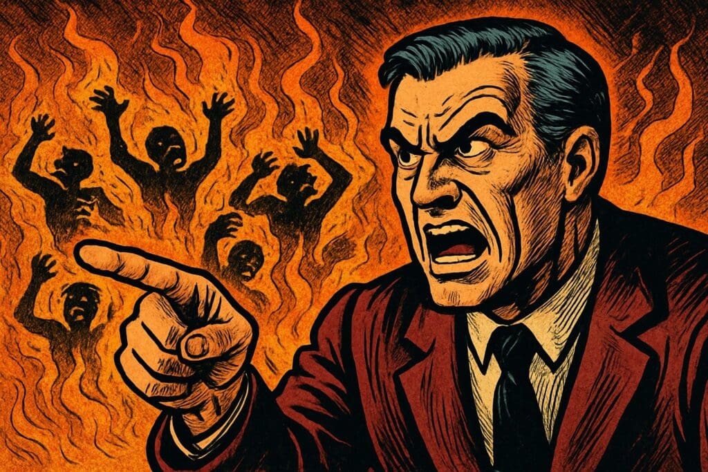 Comic book style illustration depicting a scene from Job 15