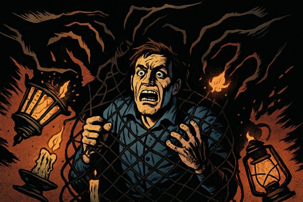 Comic book style illustration depicting a scene from Job 18