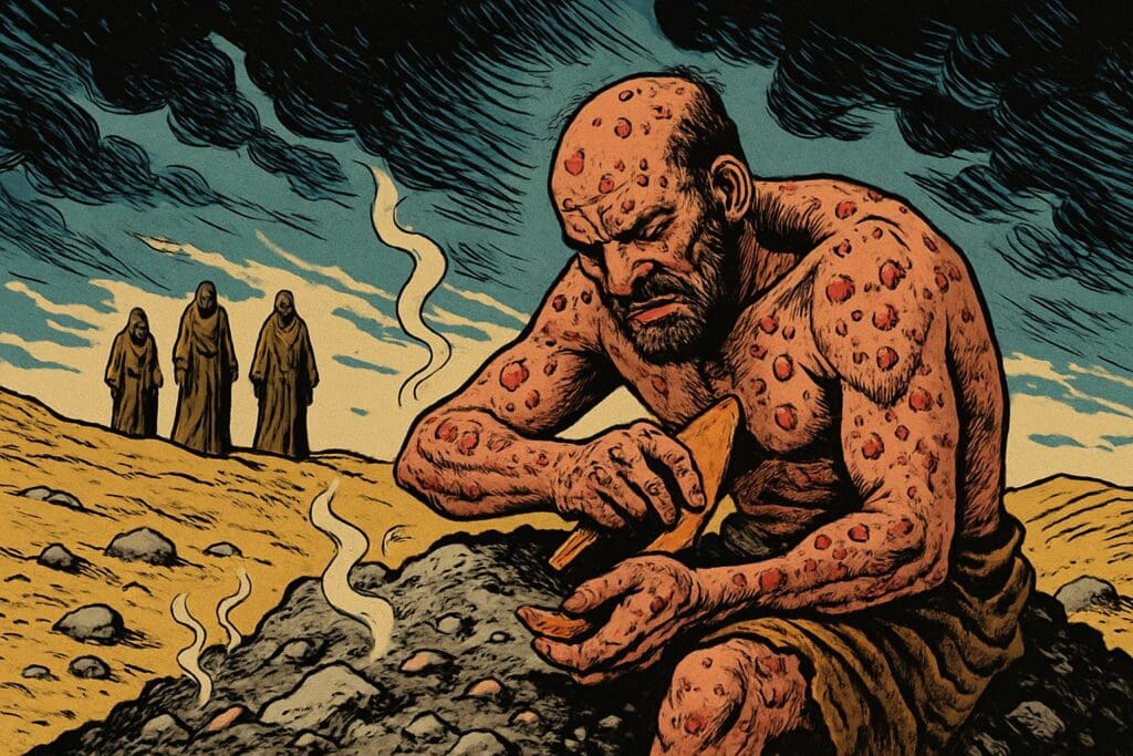 Comic book style illustration depicting a scene from Job 2
